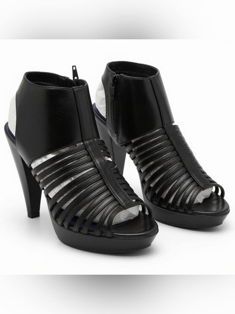 BRAND NEW W/BOX Madden Girl Black Strappy Peep-Toe cage booties vegan Heels sz 7